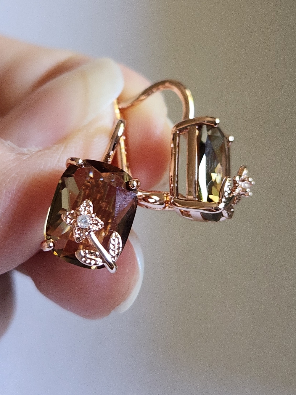 New 14K Gold Plated Emerald Cut Smoky Quartz Diamond Flower Hoop Earrings - Picture 3 of 7